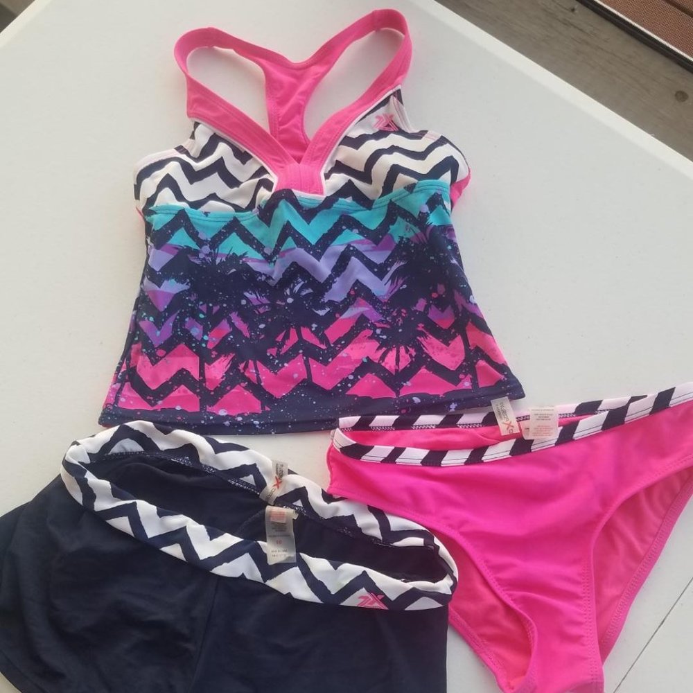 Navy Pink Chevron ZeroXposur 3 Piece Tankini Size 10